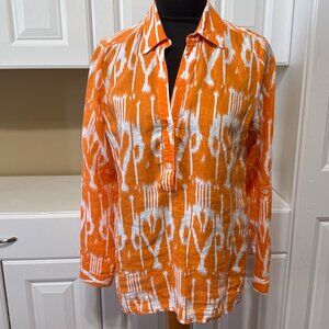 Elliott Lauren Womens C (42 in Bust) Orange White Linen Roll-Tab Sleeve Popover